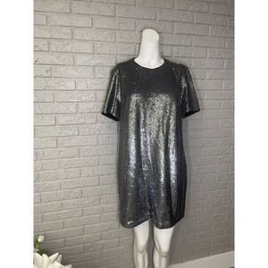 LAUREN Ralph Lauren Metallic Silver Short Sleeve Sequin Shift Dress Size 12